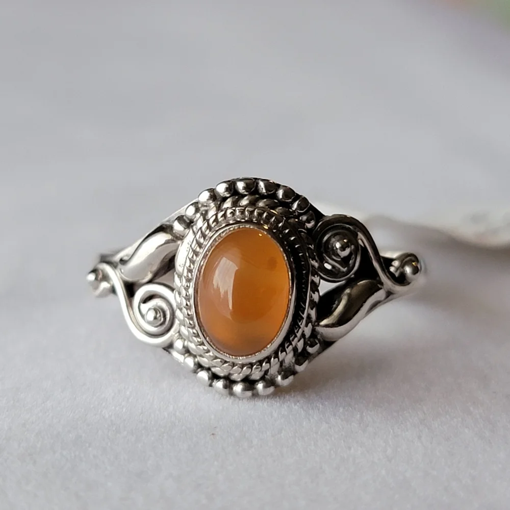 Carnelian Sterling Silver Dahlia Ring Oval Gemstone Cabochon Filigree